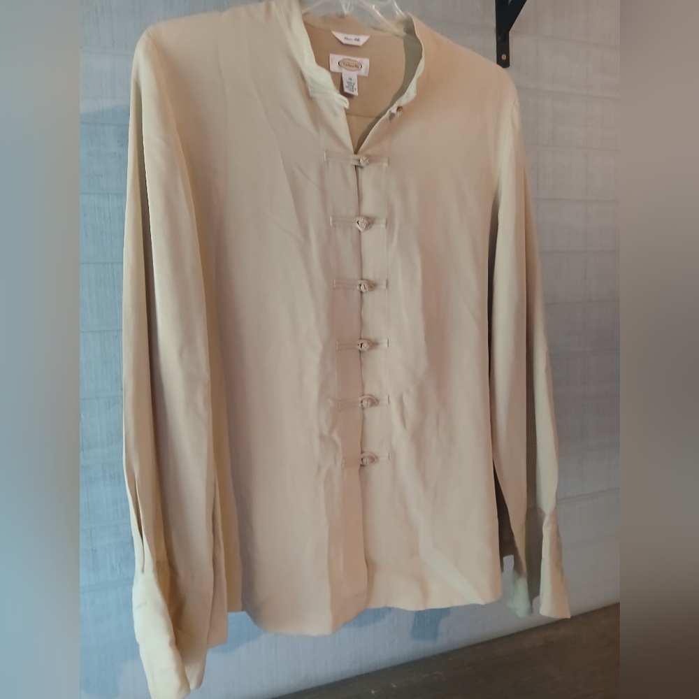 Talbots Womens Size 16 Silk Mandarin Style Long Sleeve Tan Blouse. FF#298